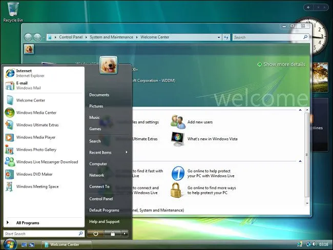 Giao diện Windows Vista với hiệu ứng Aero trong suốt hiển thị trên cửa sổ và thanh tiêu đề