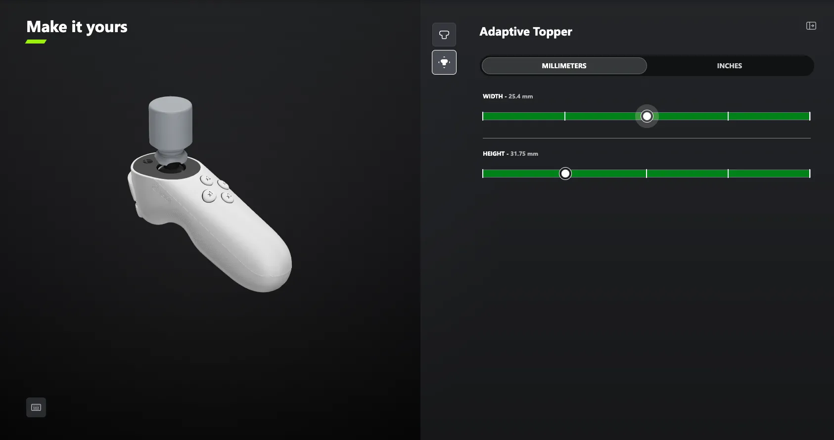 Giao diện Xbox Design Lab hiển thị thiết kế topper tùy chỉnh dành cho joystick, hỗ trợ tạo phụ kiện chơi game cá nhân hóa