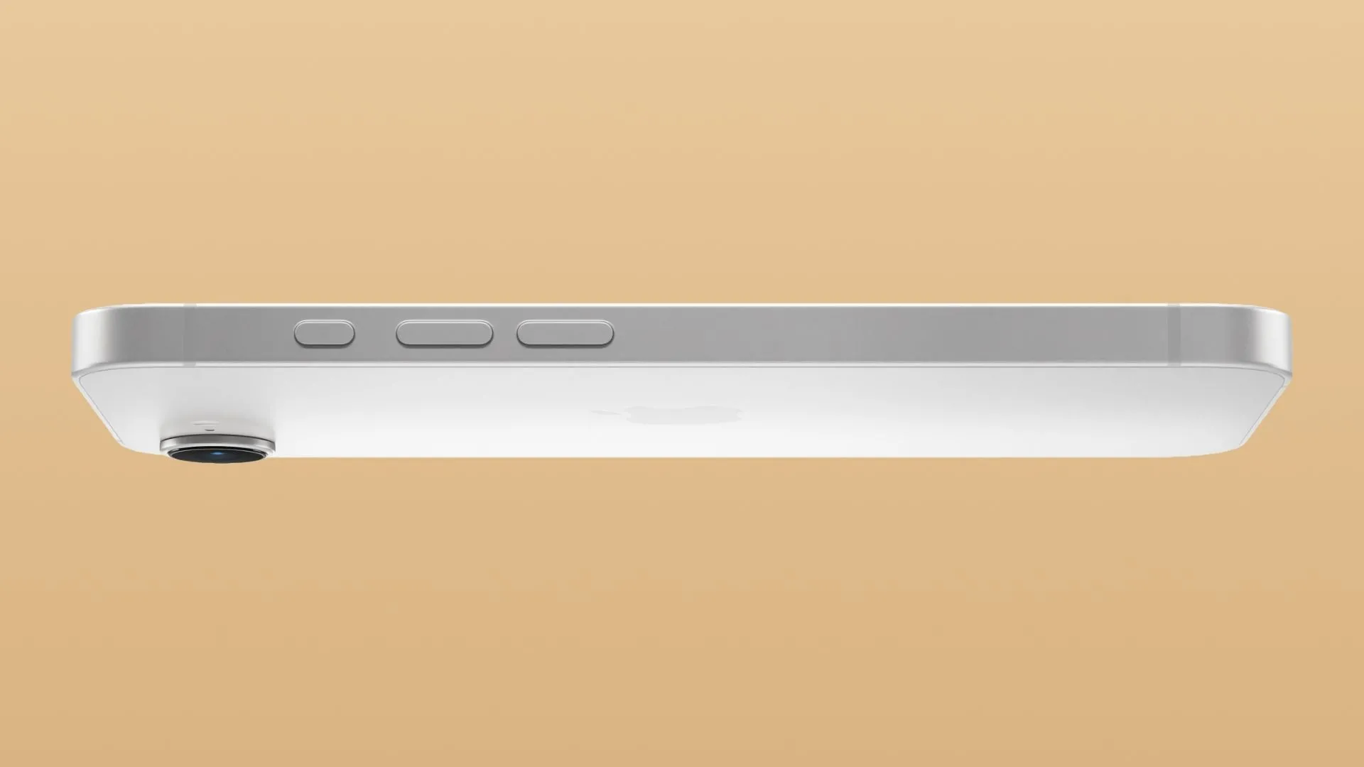 Góc nhìn bên trái của iPhone 16e, hơi nghiêng để hiển thị camera sau.