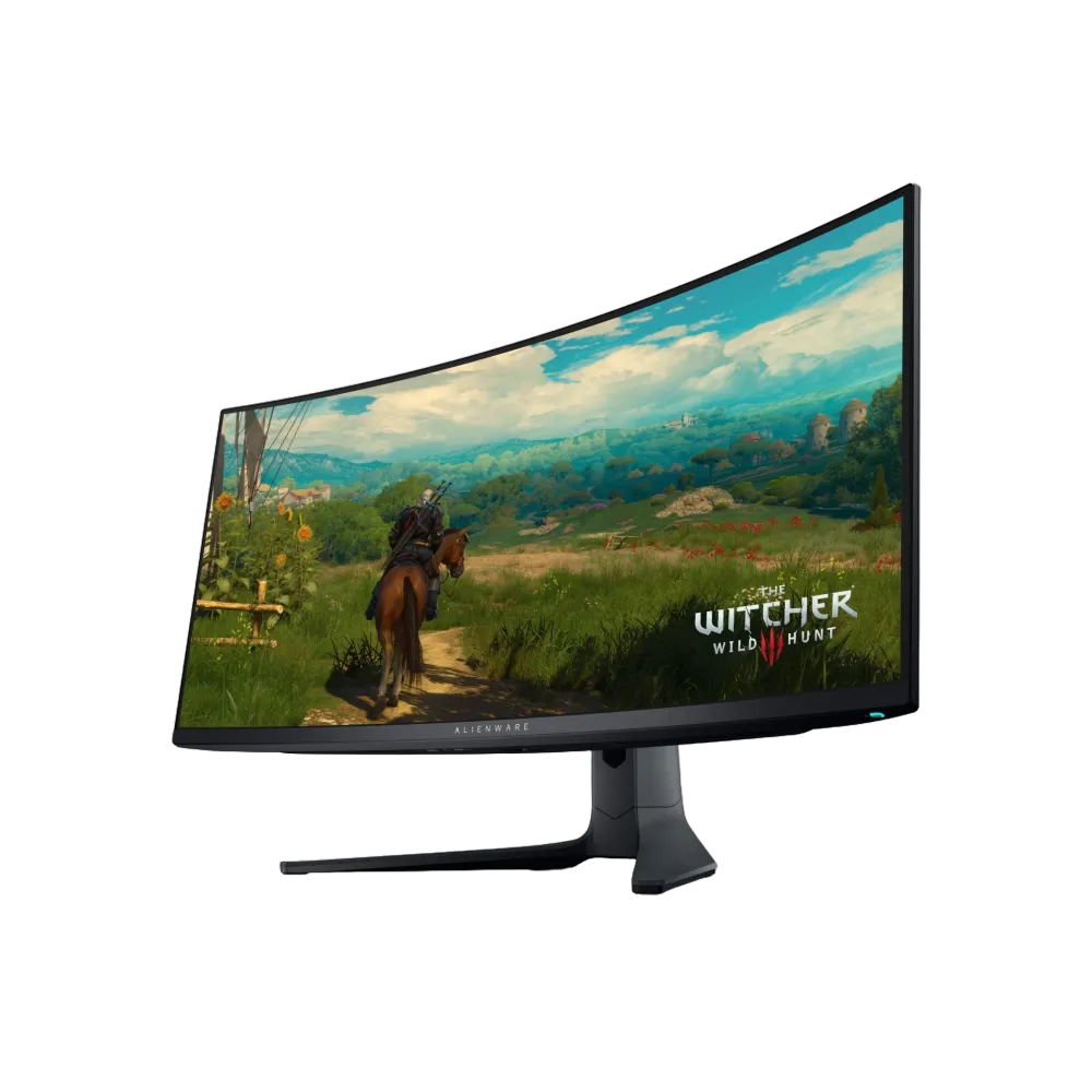 Góc nhìn cận cảnh màn hình gaming Dell Alienware AW3423DWF, nổi bật với thiết kế cong và tấm nền QD-OLED hiệu suất cao.