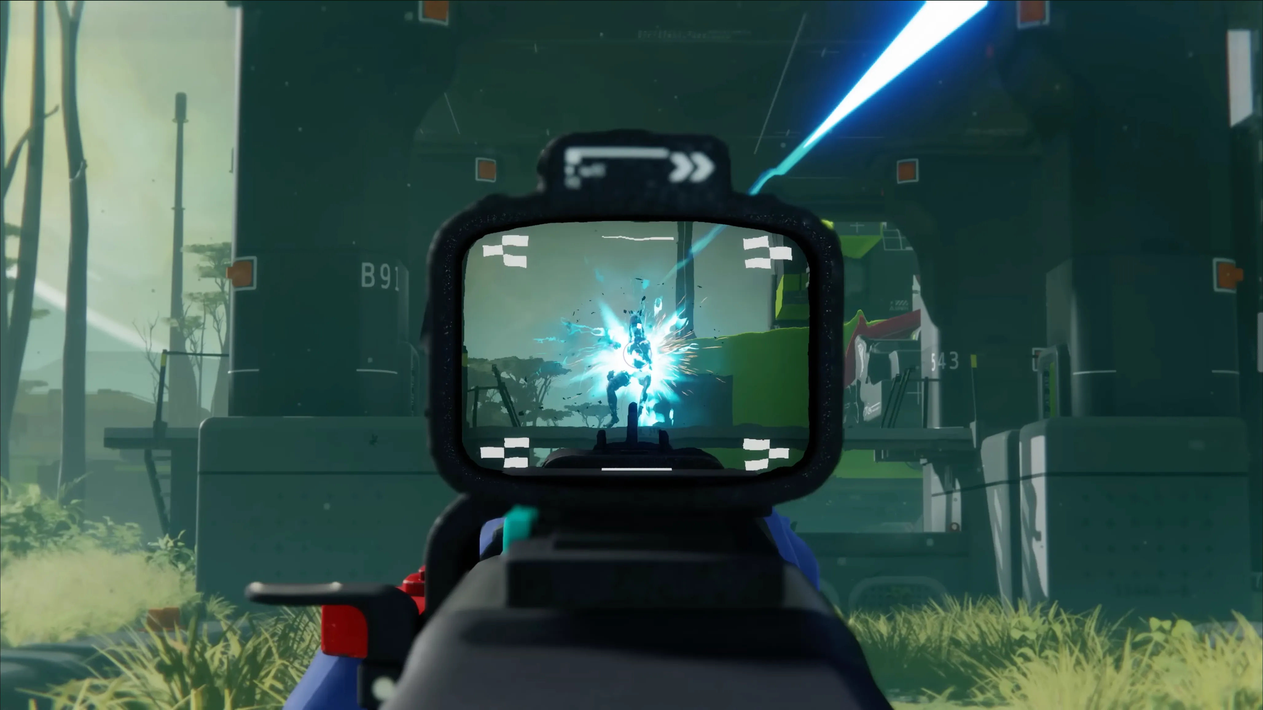 Góc nhìn từ người chơi khi ngắm bắn trong game Marathon, thể hiện trải nghiệm gunplay và giao diện người dùng từ bản thử nghiệm Alpha của tựa game.