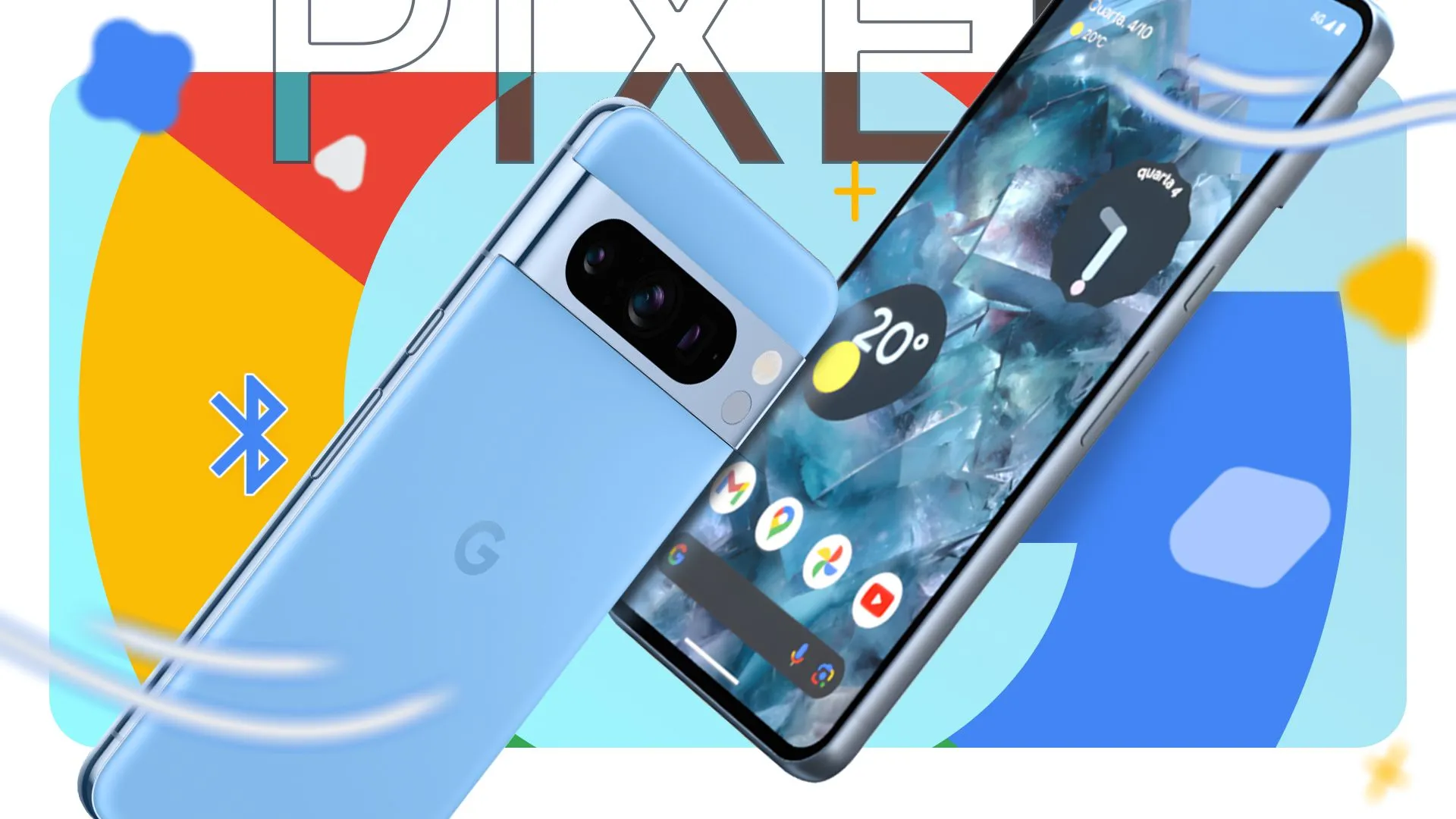 Google Pixel 8 Pro màu xanh với logo Google và các yếu tố đồ họa nhiều màu sắc