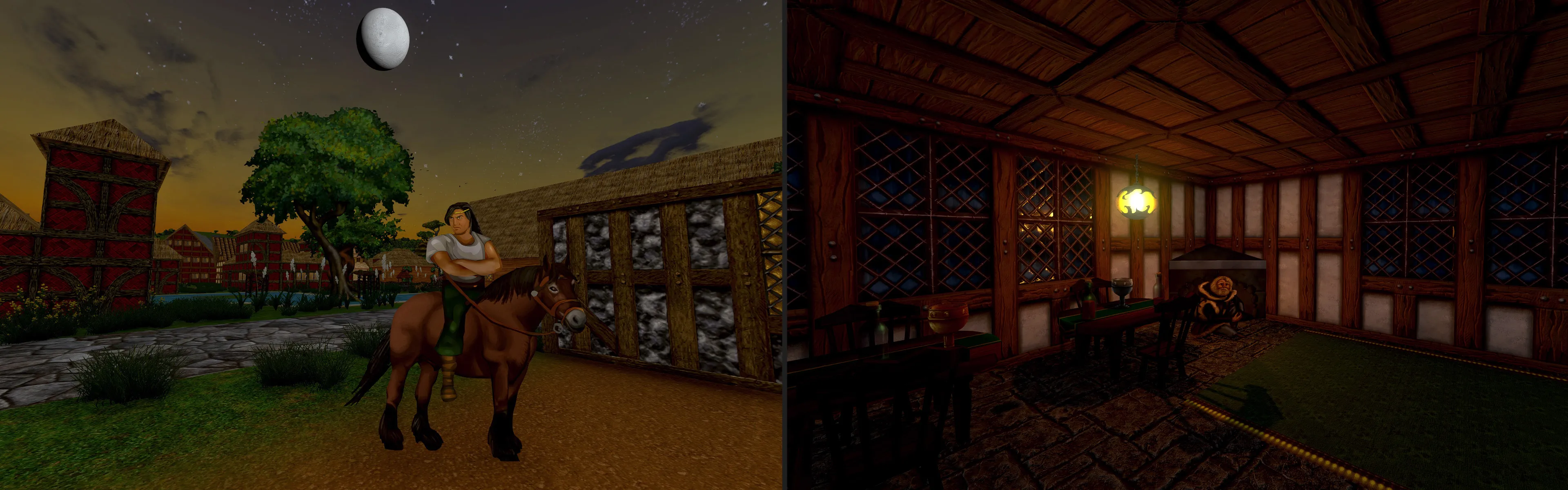 Hai ảnh chụp màn hình game Daggerfall Unity, một cảnh người cưỡi ngựa và một cảnh người đàn ông trong phòng, minh họa đồ họa bản mod cải tiến.