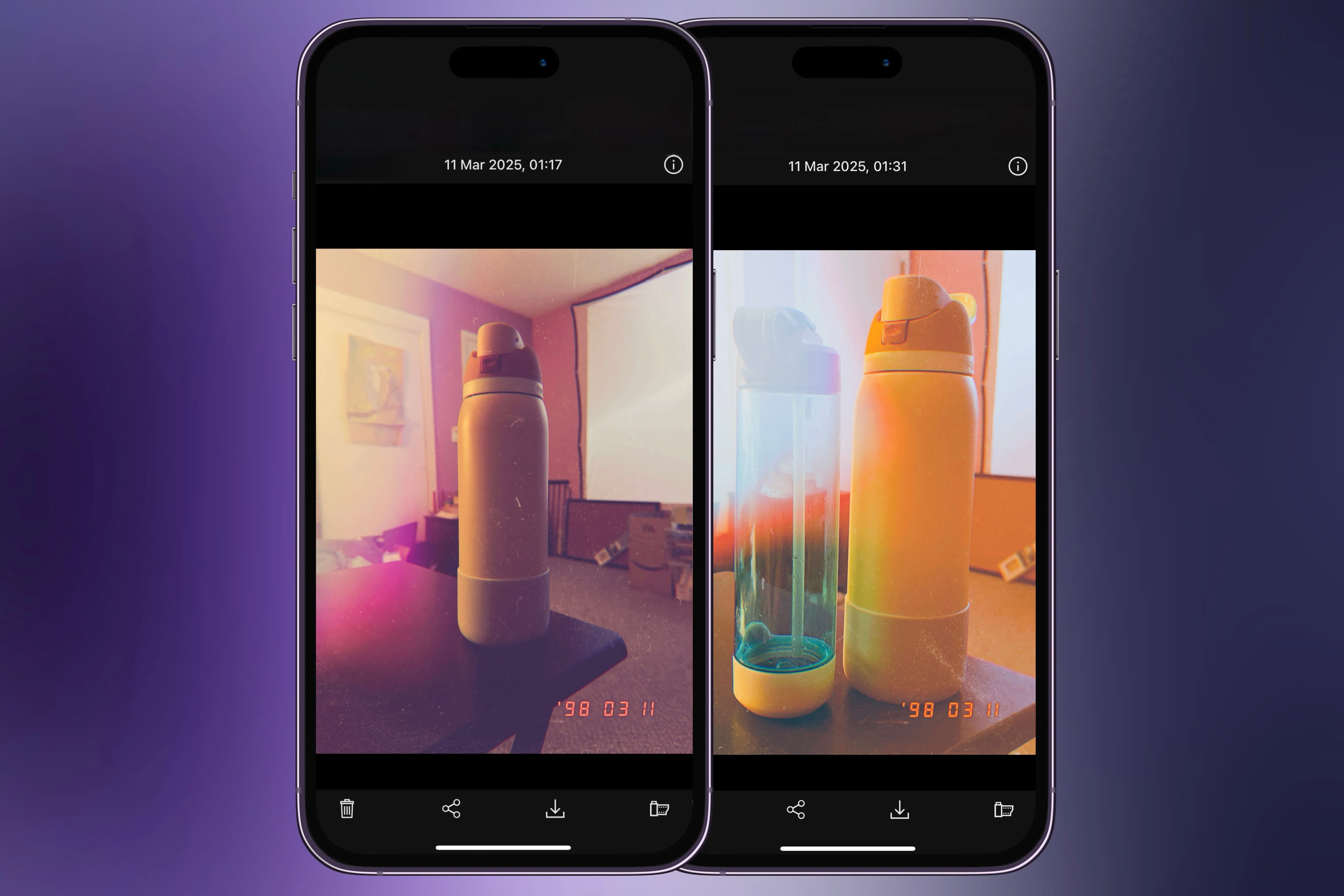 Hai chiếc iPhone hiển thị ảnh chai nước chụp bằng ứng dụng 1998 Cam