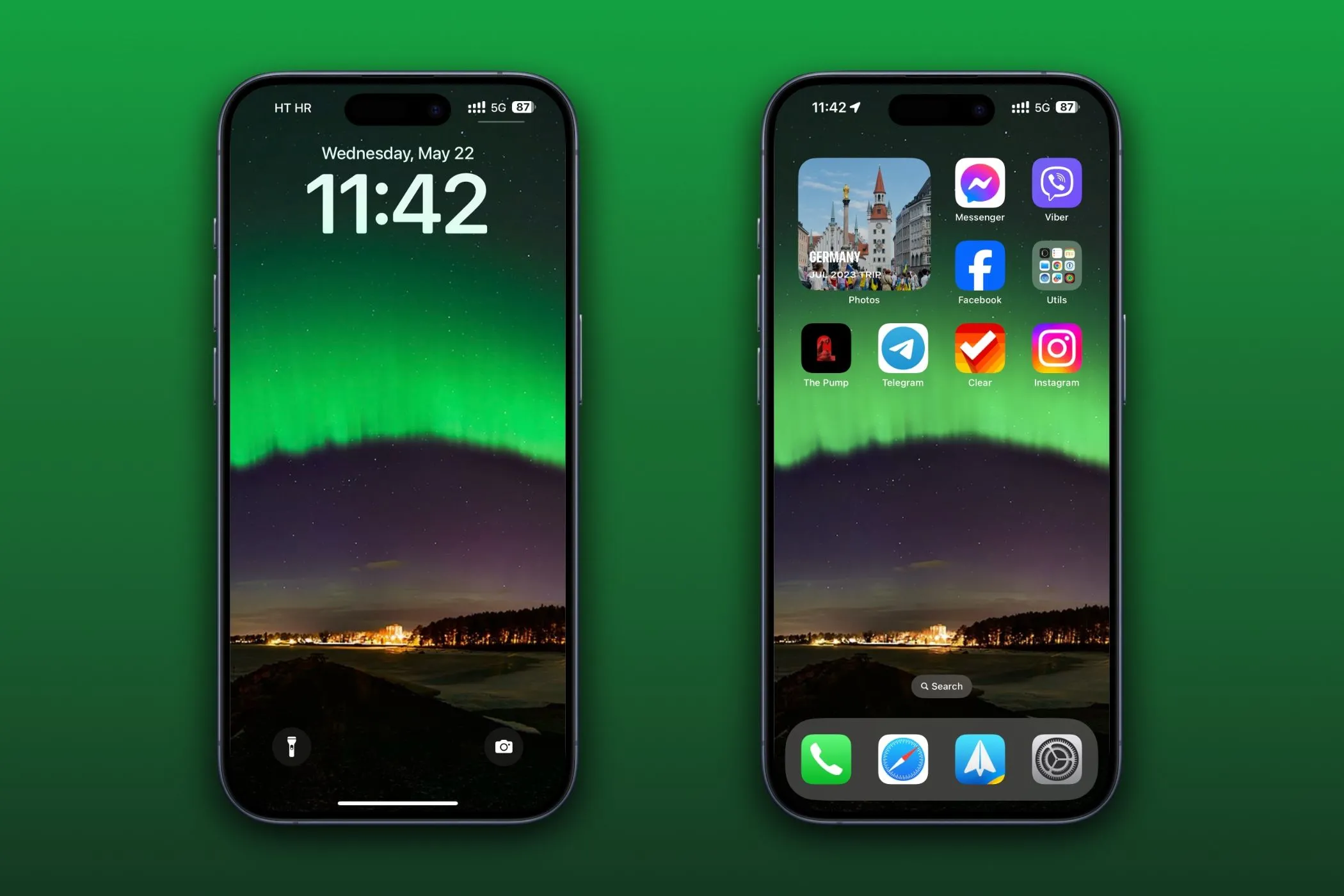 Hai chiếc iPhone trình bày hình nền màn hình khóa và màn hình chính, minh họa tùy chỉnh giao diện Dark Mode iOS 18.