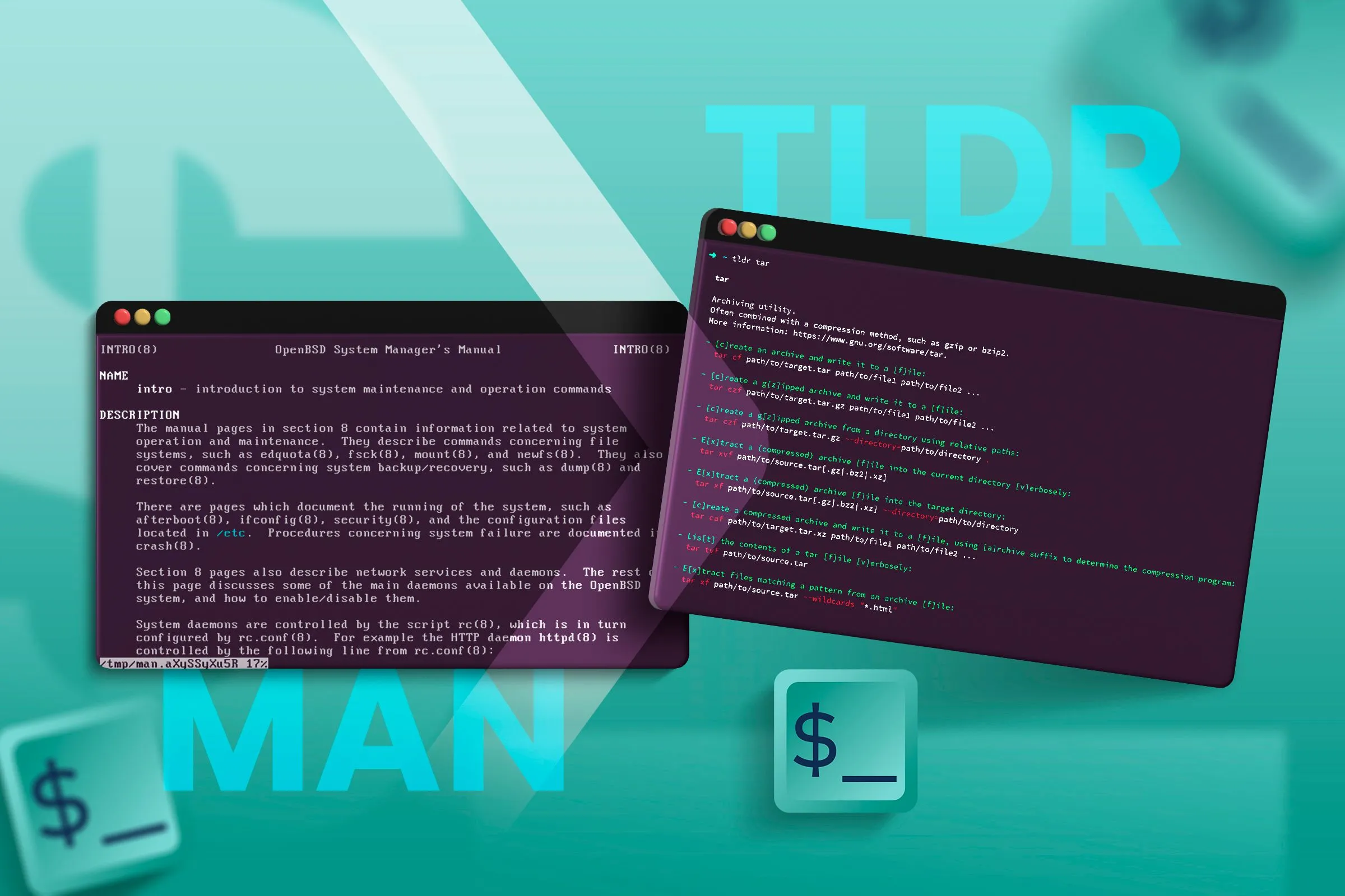 Hai cửa sổ Terminal Linux, một hiển thị trang man page và một hiển thị trang tldr page để tra cứu lệnh