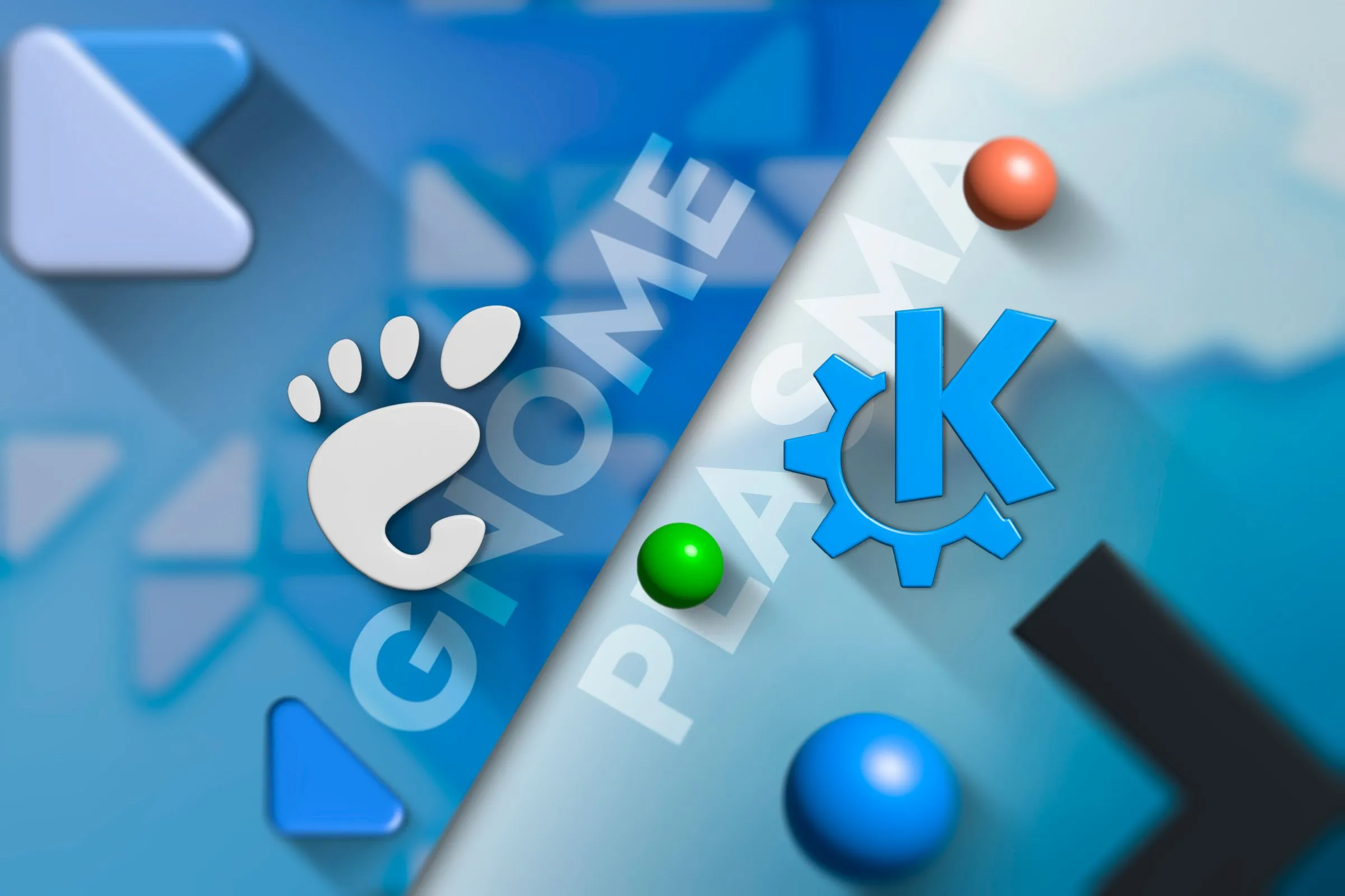 Hai logo cạnh nhau của môi trường desktop GNOME và KDE Plasma, biểu tượng cho các lựa chọn giao diện người dùng phổ biến trên Linux