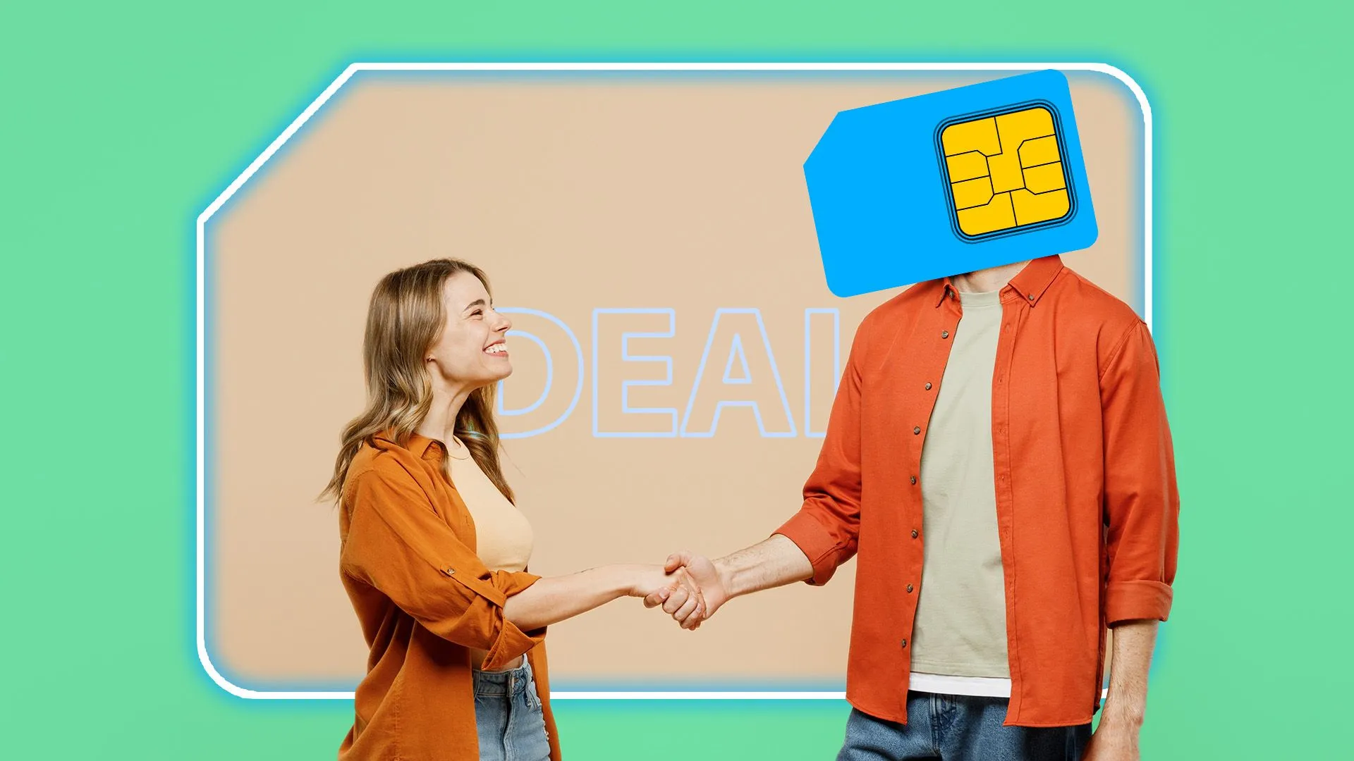 Hai người bắt tay chốt giao dịch, một người có thẻ SIM thay vì đầu.