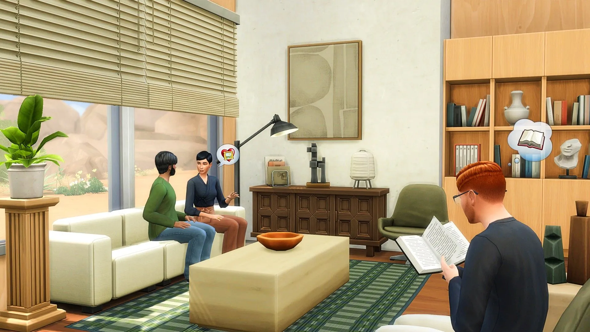 Hai Sim trò chuyện trên ghế sofa và một Sim khác đọc sách, không gian khép kín trong Thử Thách Big Brother Sims 4