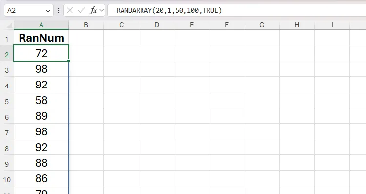Hàm RANDARRAY trong một vùng không định dạng của bảng tính Excel trả về các số nguyên ngẫu nhiên giữa 50 và 100 trong các ô từ A2 đến A21.