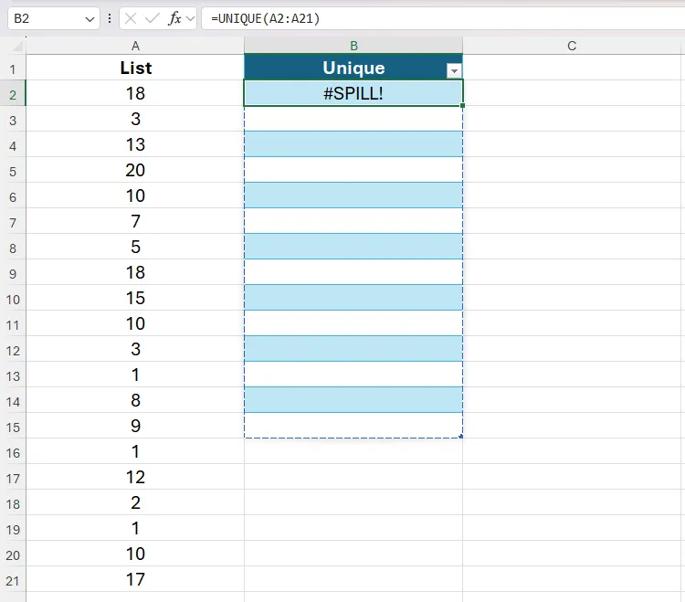 Hàm UNIQUE trả về lỗi SPILL trong một Bảng Microsoft Excel.