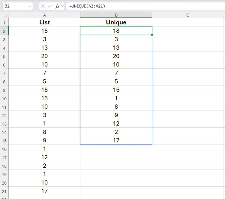 Hàm UNIQUE trong ô B2 của Excel được dùng để trích xuất các giá trị duy nhất từ A2 đến A21.