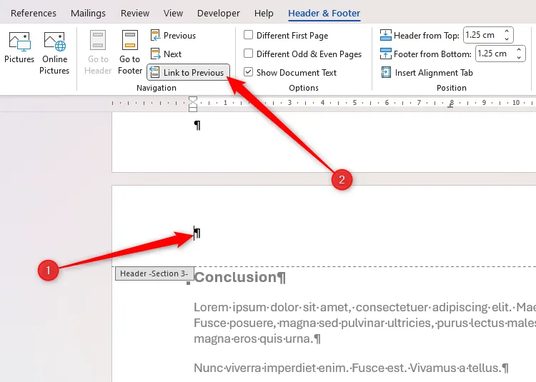 Header của trang đầu tiên của phần kết luận được kích hoạt, với nút 'Link To Previous' trong tab 'Header And Footer' được đánh dấu.