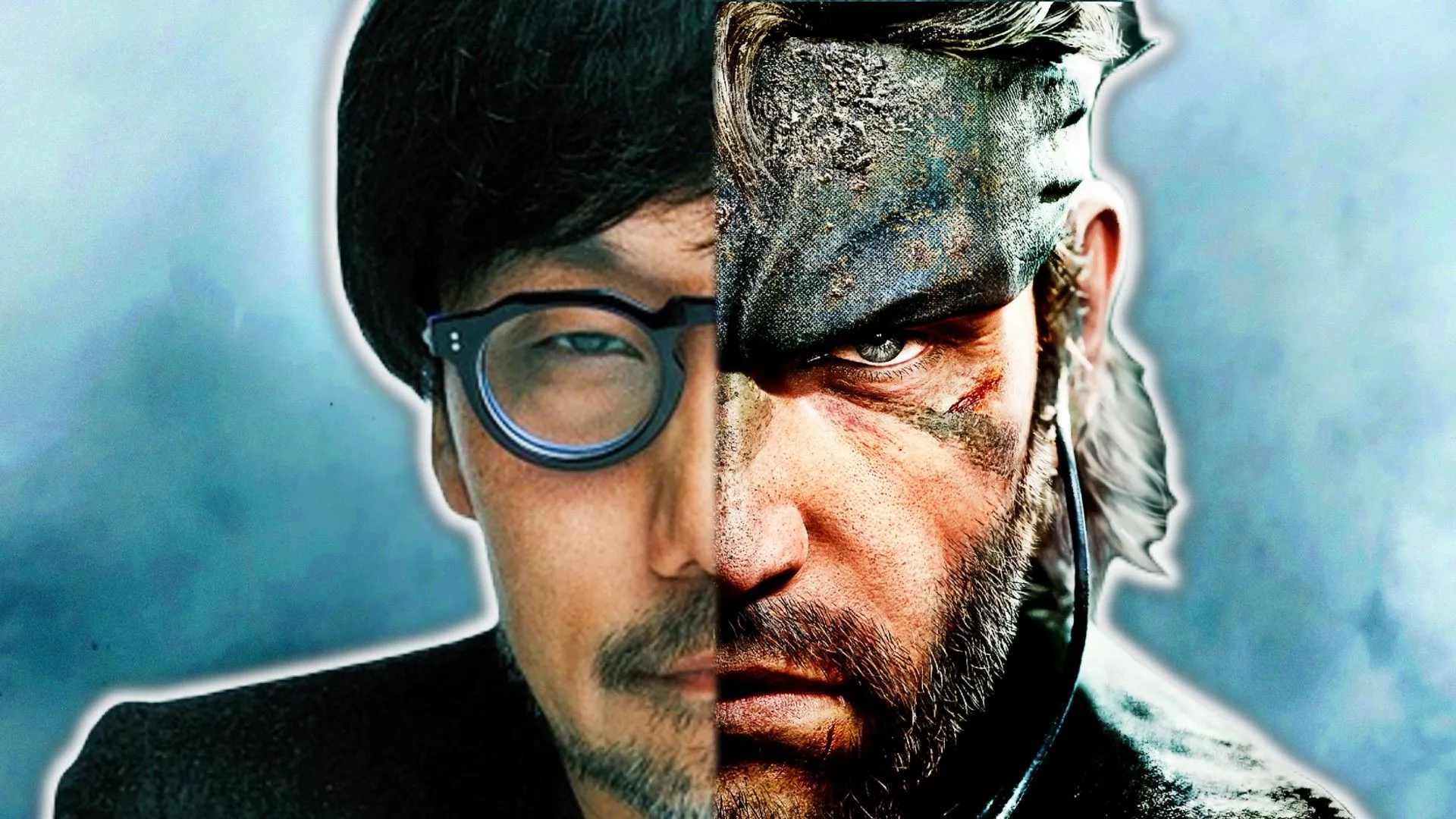 Hideo Kojima và Naked Snake đứng cạnh nhau, khuôn mặt chia đôi khung hình trước làn sương mù xanh, tượng trưng cho mối liên hệ giữa nhà làm game và linh hồn của Metal Gear Solid.