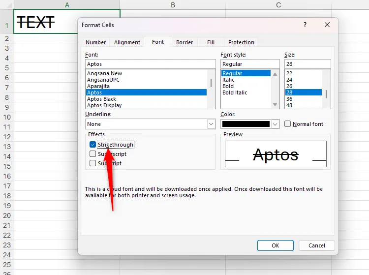 Hiệu ứng gạch ngang chữ (strikethrough) được kích hoạt trong hộp thoại Định dạng ô (Format Cells) của Excel.