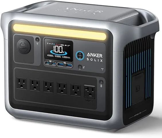 Hình ảnh cận cảnh trạm sạc di động Anker SOLIX C1000, nổi bật với thiết kế nhỏ gọn và nhiều cổng kết nối.