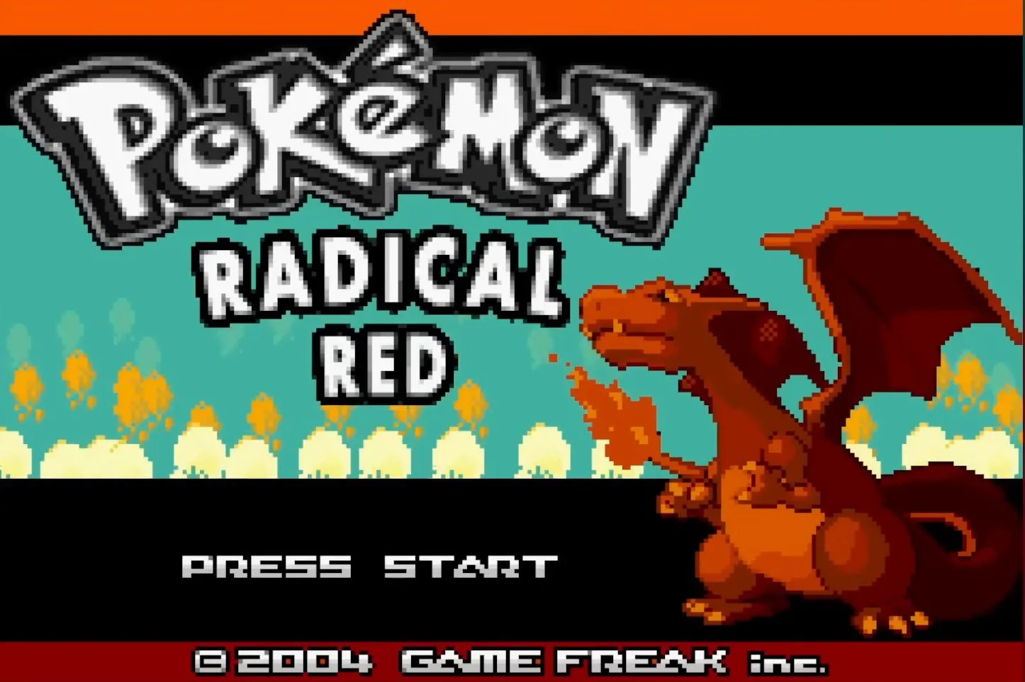 Hình ảnh Charizard hùng vĩ trên màn hình tiêu đề của ROM hack Pokémon Radical Red, gợi ý về độ khó và sức mạnh.