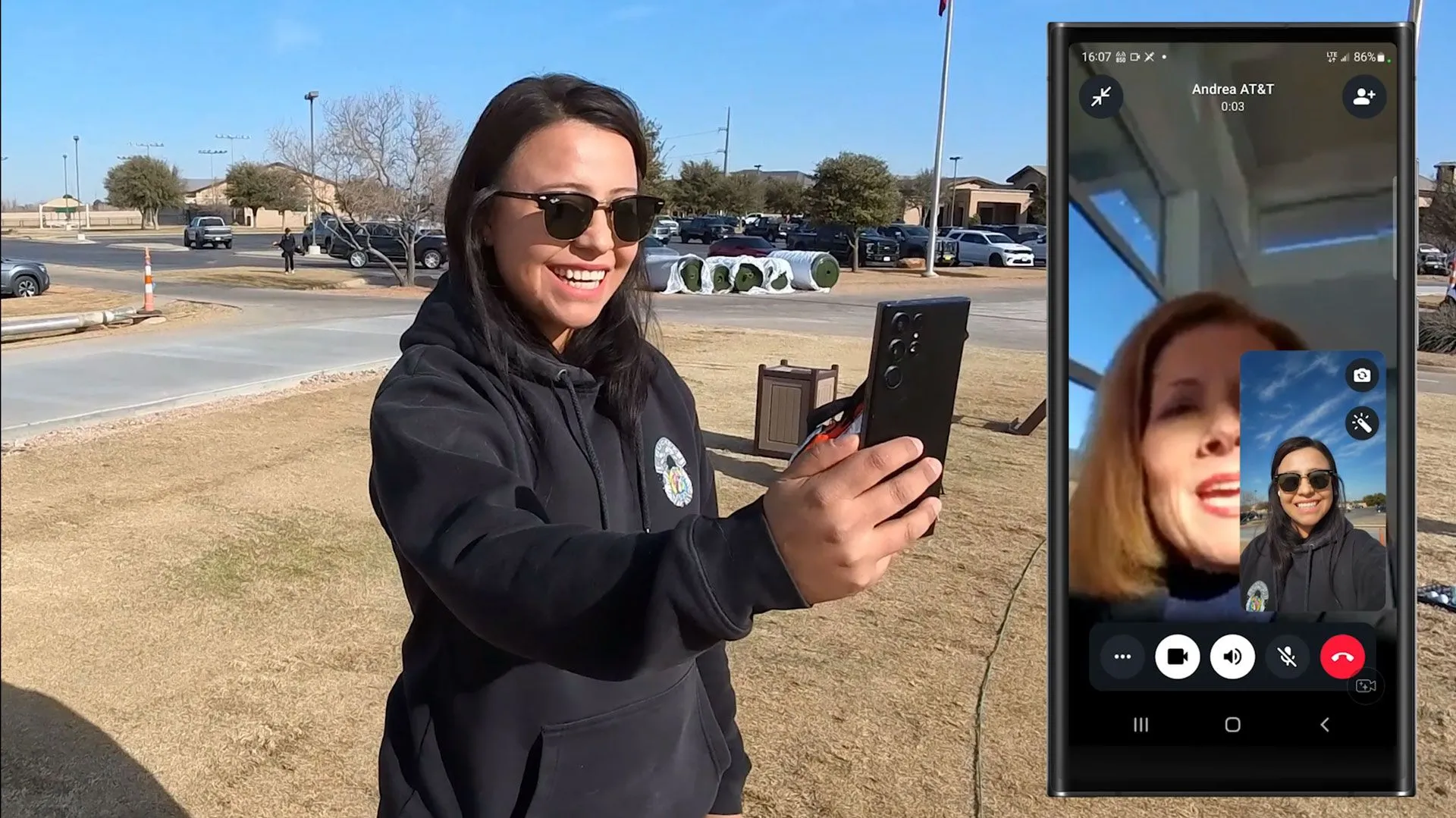 Hình ảnh cuộc gọi video vệ tinh của AT&T qua AST SpaceMobile, minh họa công nghệ kết nối di động đột phá.
