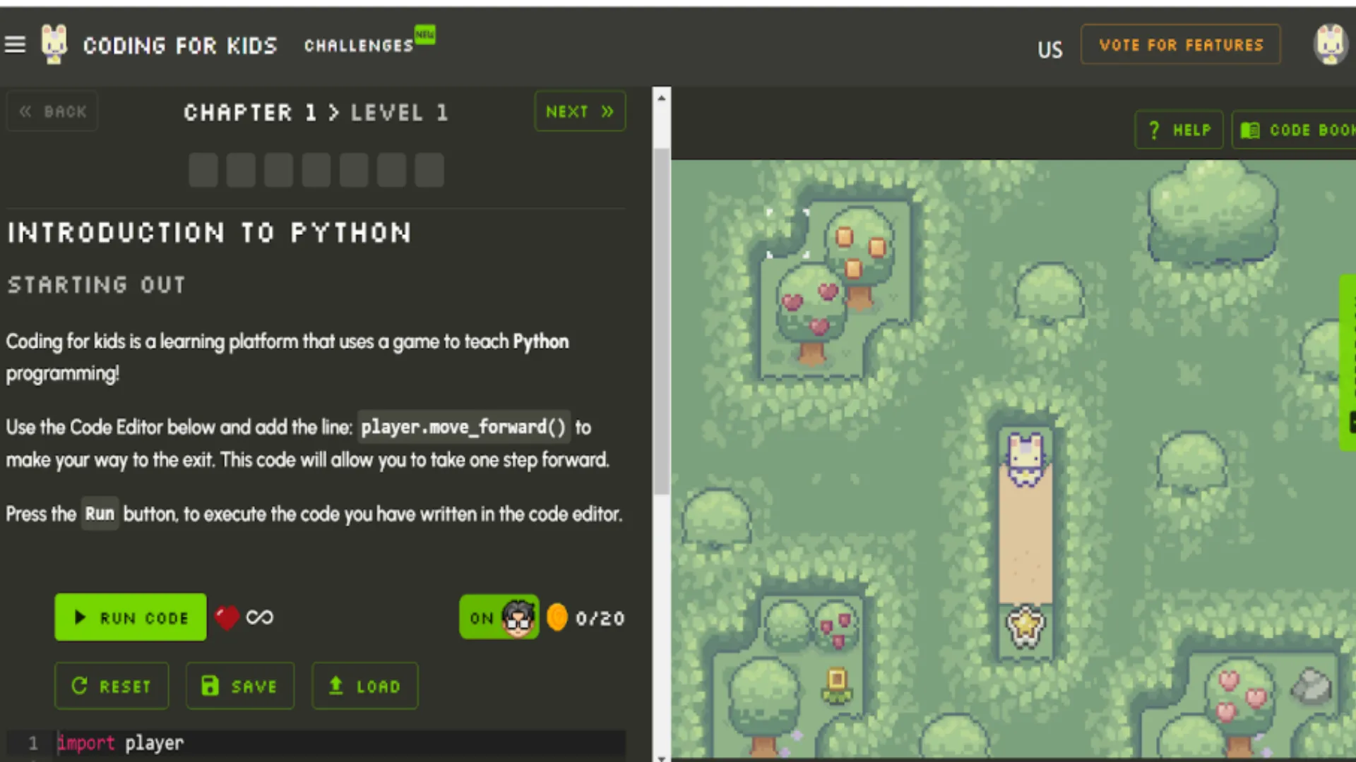 Hình ảnh game Coding for Kids với đồ họa pixel art đơn giản, nhân vật hoạt hình và các khối lệnh code trực quan, lý tưởng cho trẻ em và người mới bắt đầu học lập trình.