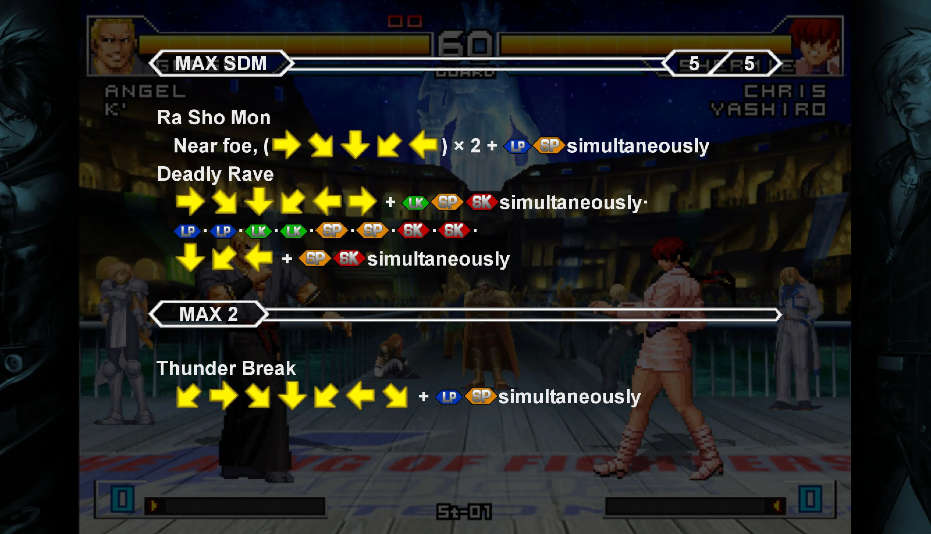 Hình ảnh Geese Howard trong King of Fighters 2002 Unlimited Match hiển thị phức tạp các chuỗi động tác (motion inputs)