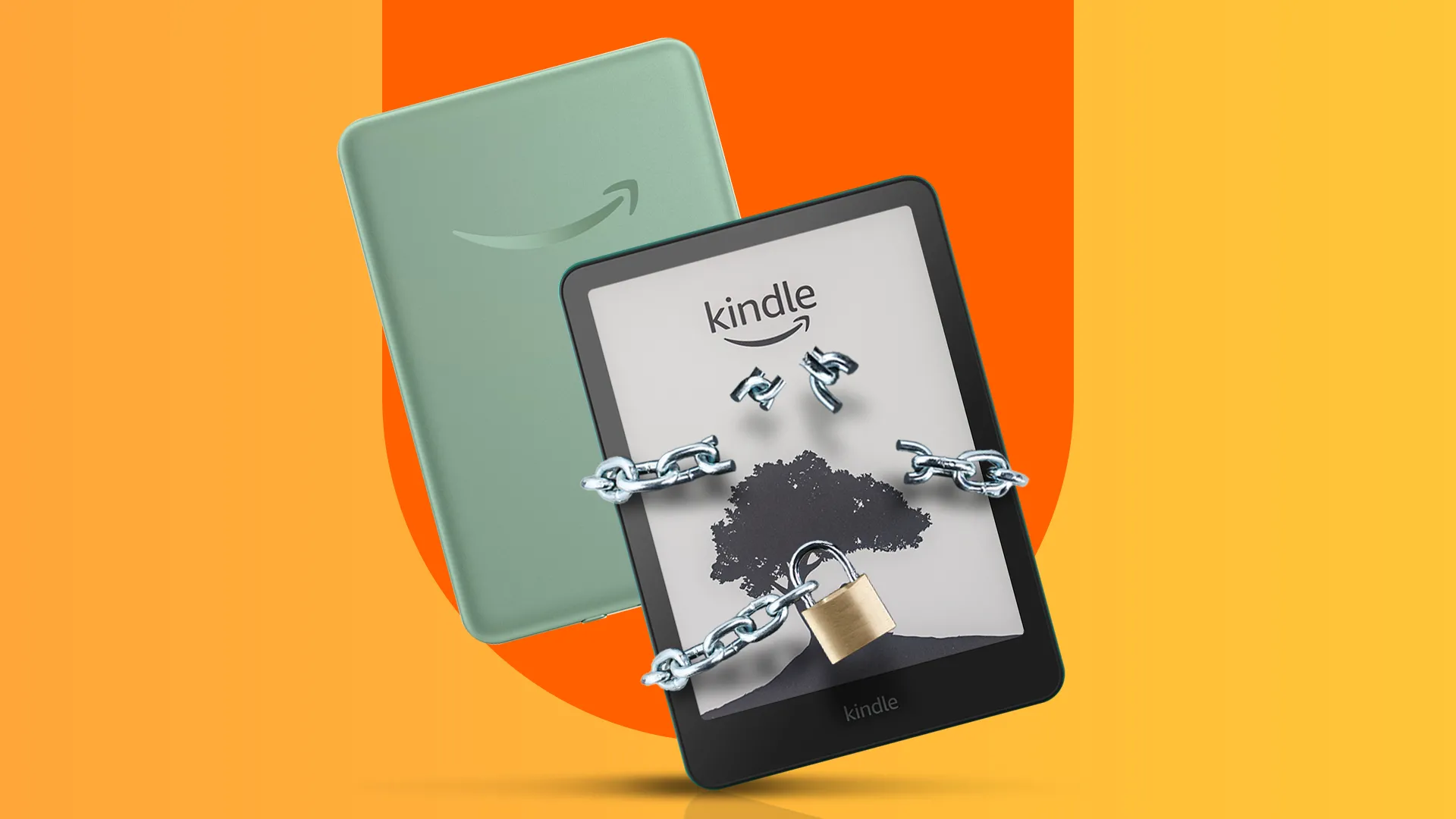 Hình ảnh Kindle bị xiềng xích với ổ khóa bị phá vỡ, tượng trưng cho việc người dùng giành lại quyền kiểm soát quảng cáo.
