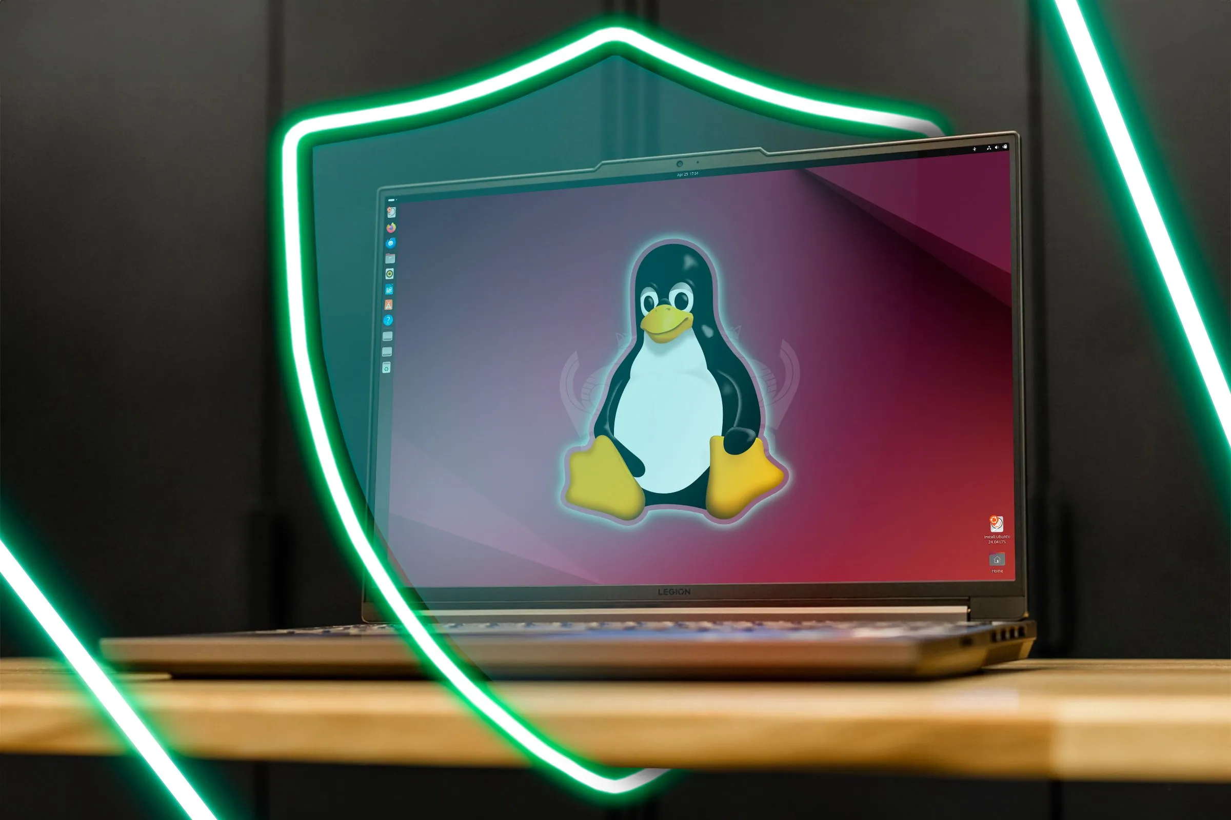 Hình ảnh laptop Ubuntu được bảo vệ bởi một chiếc khiên, tượng trưng cho các biện pháp bảo mật trên Linux.