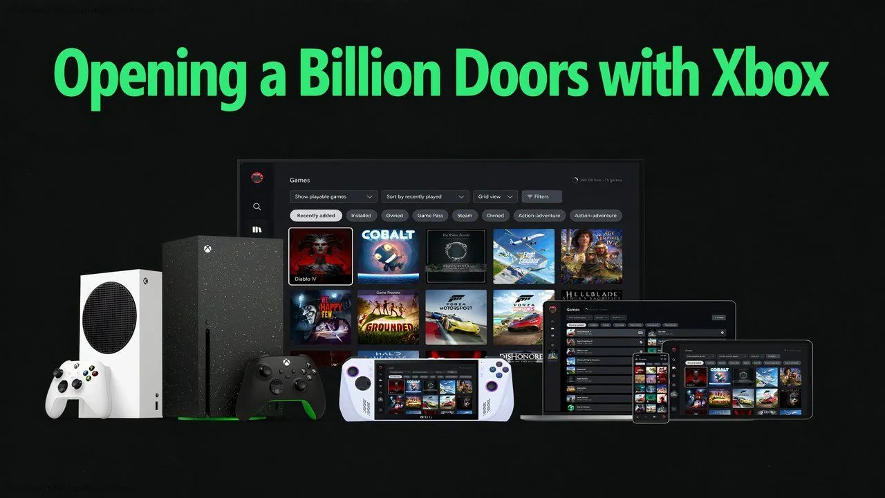 Hình ảnh minh họa tầm nhìn &quot;mọi màn hình là Xbox&quot; của Microsoft, bao gồm nhiều thiết bị chơi game và streaming Xbox khác nhau.