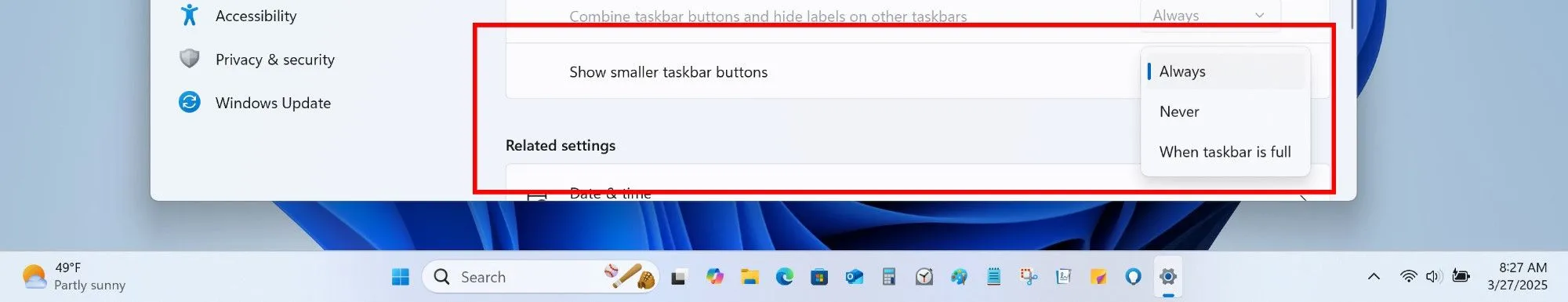 Hình ảnh minh họa thanh Taskbar Windows 11 với các biểu tượng đã được thu nhỏ giúp tối ưu không gian