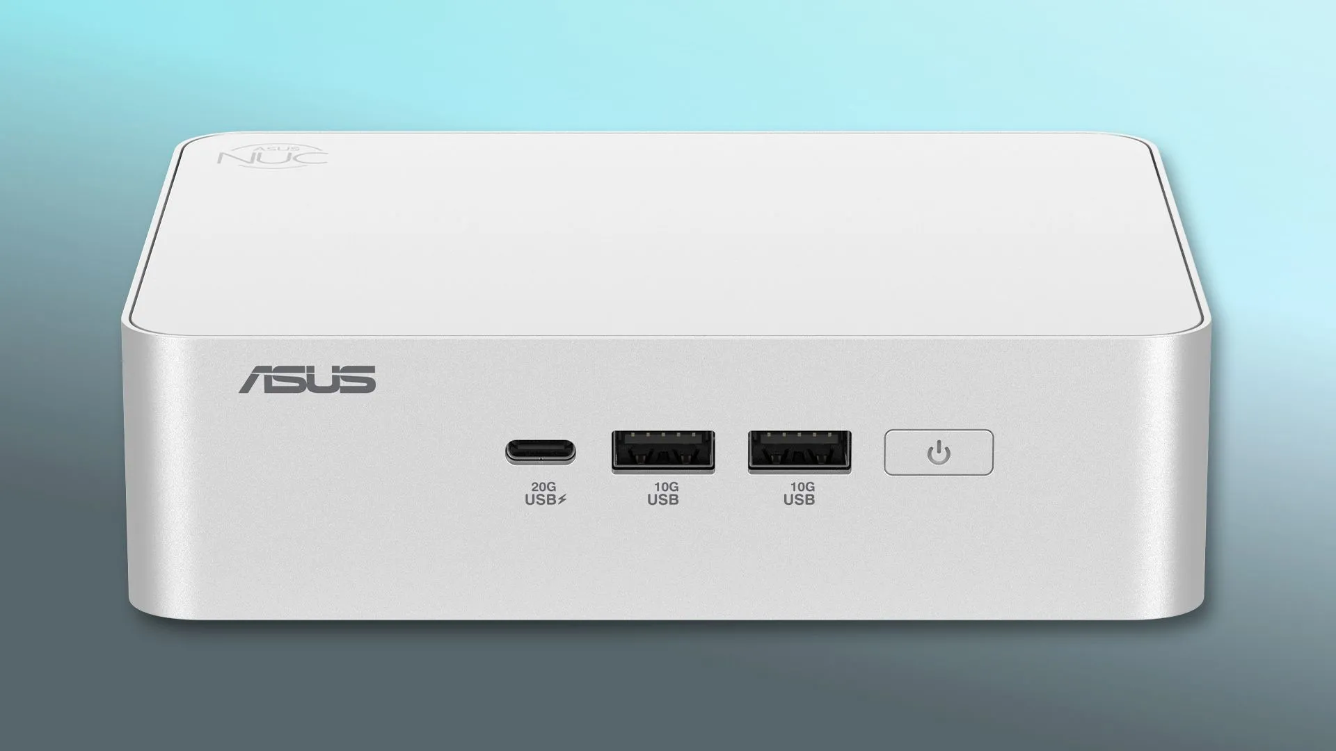 Hình ảnh một chiếc mini PC ASUS NUC 15 Pro+ được đặt trên bàn làm việc.