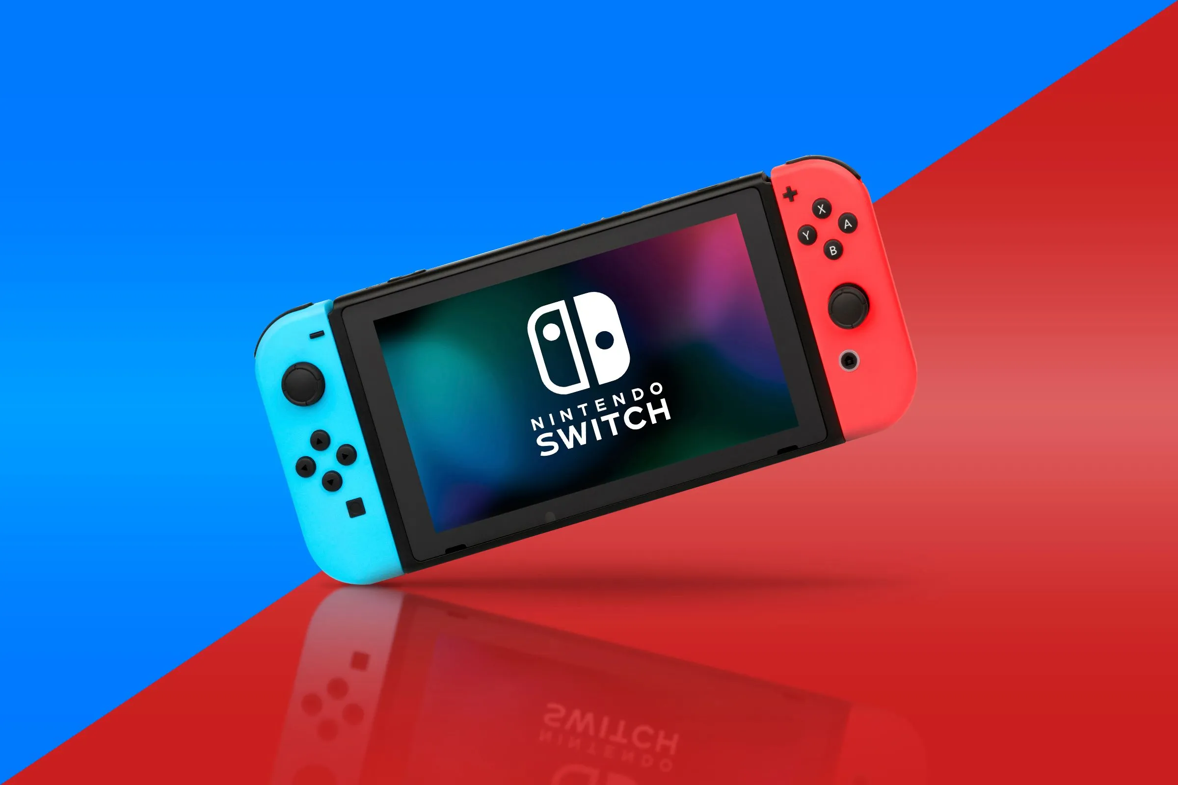 Hình ảnh một chiếc Nintendo Switch với màu nền chia thành xanh lam và xanh lục, phù hợp với màu sắc của Joy-Con