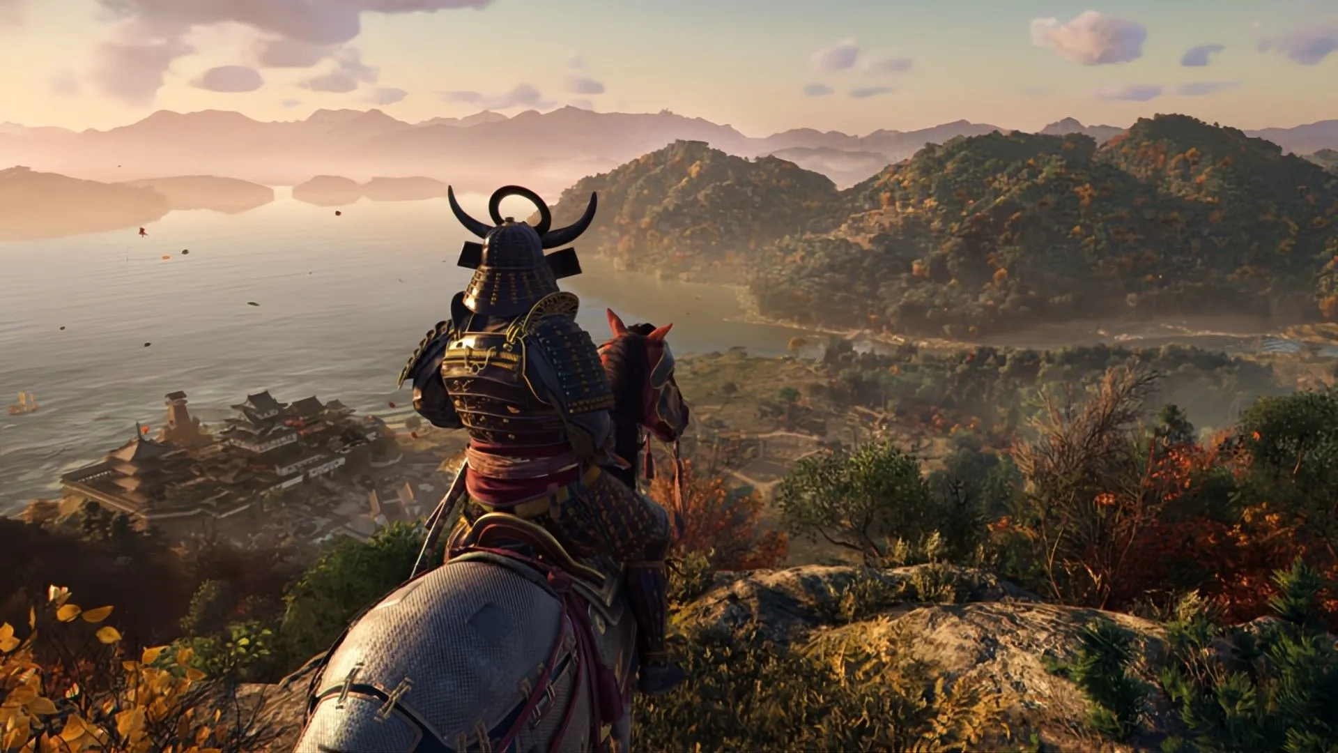 Hình ảnh nhân vật samurai trong Assassin's Creed Shadows nhìn xuống một thành phố, minh họa sự lặp lại ý tưởng trong game AAA