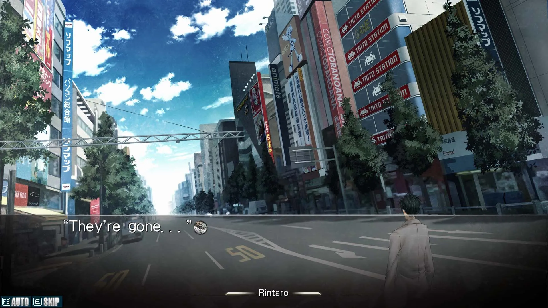 Hình ảnh Okabe, nhân vật chính của Steins;Gate, đứng một mình trên đường phố Tokyo vắng vẻ, biểu cảm đầy suy tư.
