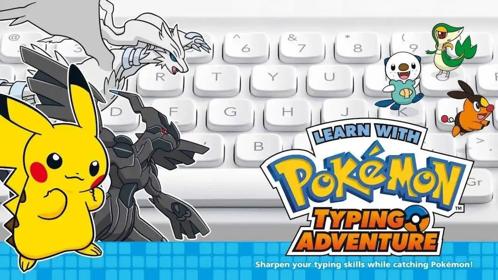 Hình ảnh quảng bá Learn with Pokémon: Typing Adventure, game giáo dục dạy gõ phím cho Nintendo DS đi kèm bàn phím không dây.