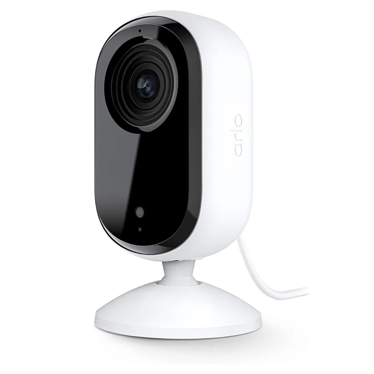Hình ảnh sản phẩm camera an ninh Arlo Essential Indoor Cam (2K), thể hiện các tính năng như độ phân giải 2K và tầm nhìn đêm.