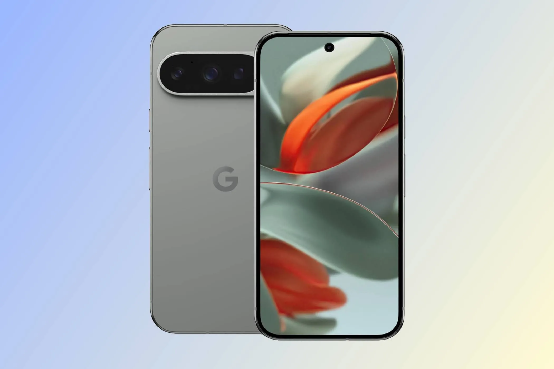 Hình ảnh tổng quan mặt trước và mặt sau của Google Pixel 9 Pro, làm nổi bật thiết kế nhỏ gọn và cụm camera.