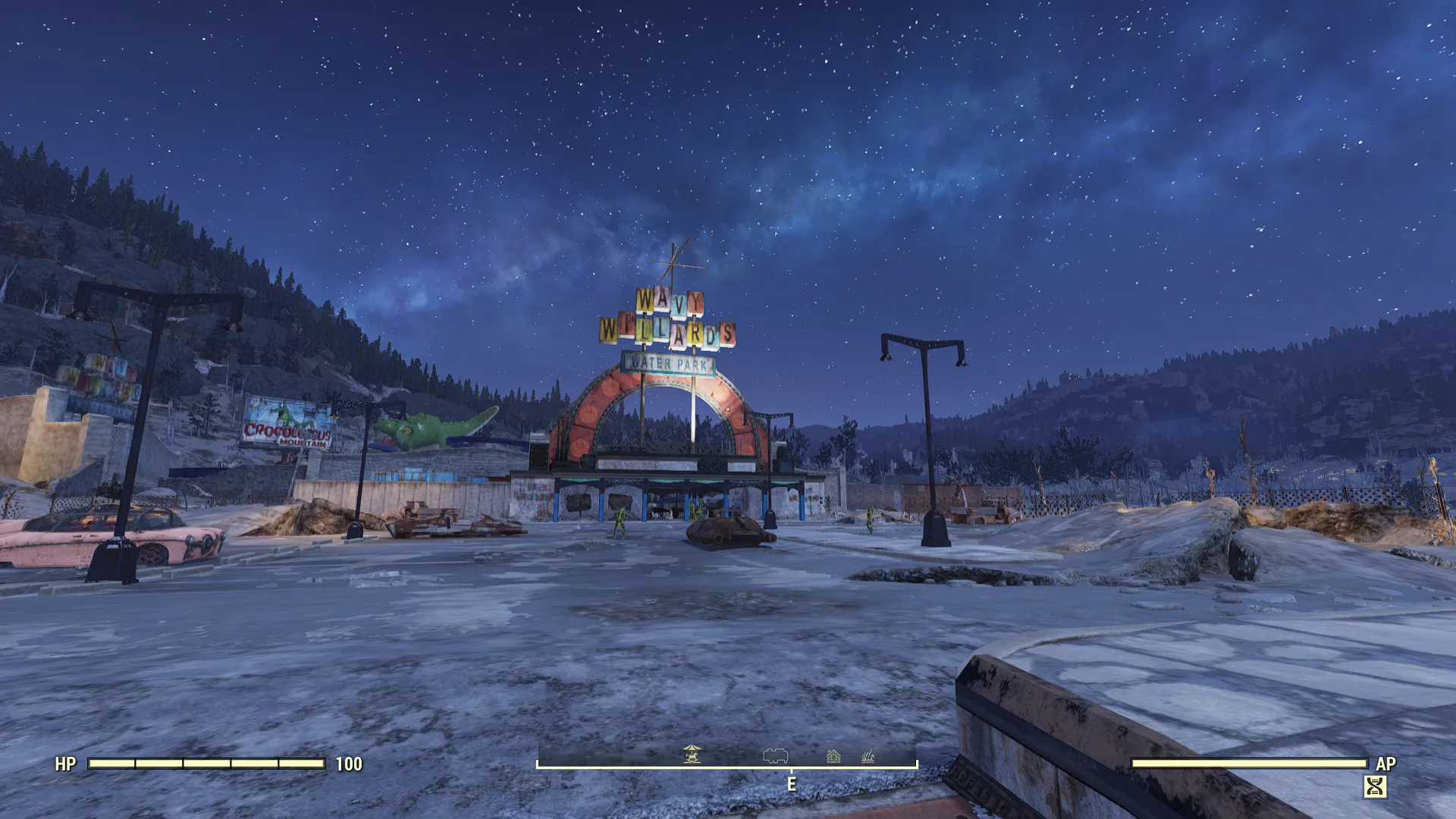 Hình ảnh trong game Fallout 76 khi bật AMD Fluid Motion Frames (AFMF 2, minh họa hiệu ứng của công nghệ tạo khung hình.