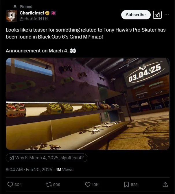 Hình ảnh từ CharlieIntel trên X hé lộ về gợi ý game Tony Hawk's Pro Skater trong Call of Duty: Black Ops 6
