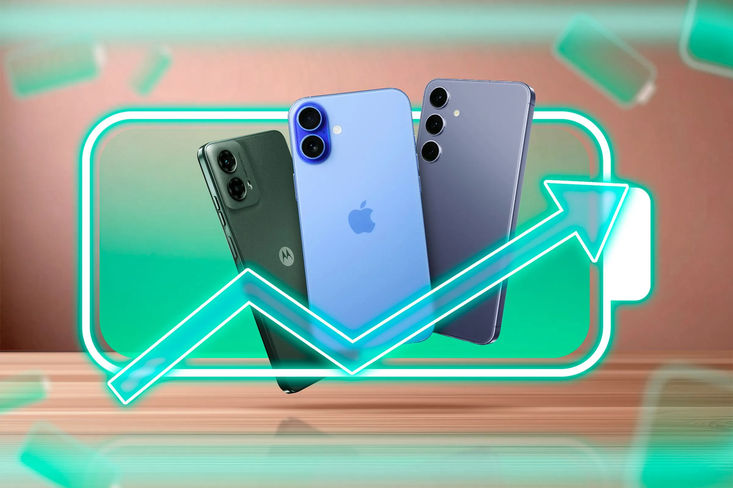 Hình minh họa một vài chiếc smartphone với biểu tượng pin và mũi tên tăng cường, tượng trưng cho thời lượng pin được cải thiện.