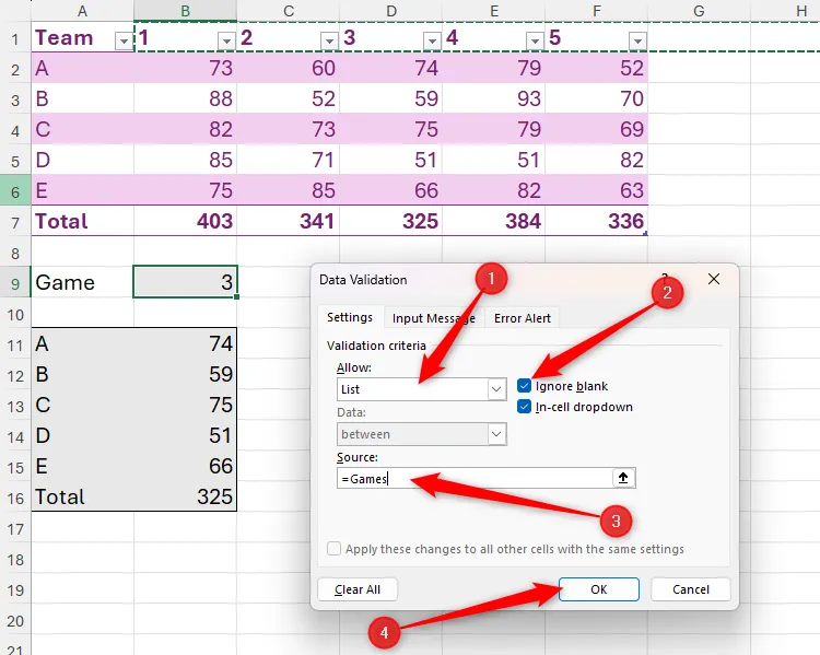 Hộp thoại Data Validation trong Excel với tùy chọn List, Ignore Blank được chọn và '=Games' được nhập vào mục Source