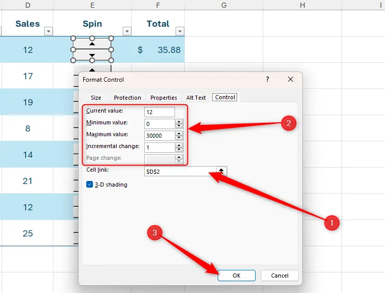 Hộp thoại &quot;Định dạng Điều khiển&quot; liên quan đến nút xoay trong Excel, với các trường được điền theo yêu cầu của người dùng.