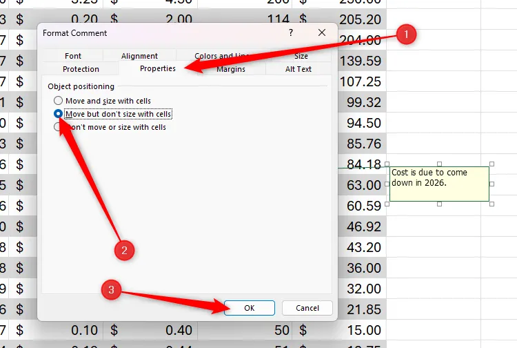 Hộp thoại &quot;Format Comment&quot; cho ghi chú trong Excel được mở, với tùy chọn &quot;Move But Don't Size With Cells&quot; được chọn trong tab &quot;Properties&quot;.