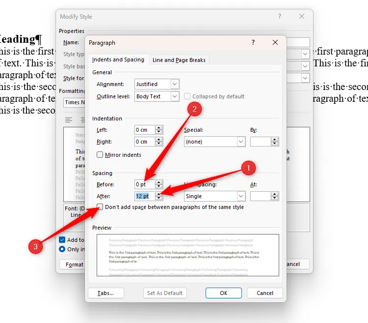 Hộp thoại Paragraph trong Microsoft Word hiển thị cài đặt &quot;Spacing After&quot; là 12 pt, &quot;Spacing Before&quot; là 0 pt, và ô &quot;Don't add space between paragraphs of the same style&quot; bỏ chọn.