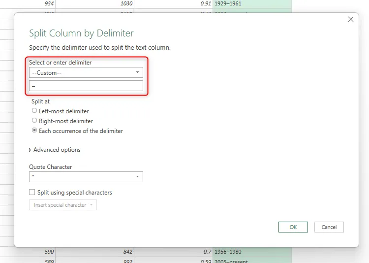 Hộp thoại Split Column by Delimiter trong Power Query Editor, hiển thị dấu gạch ngang được tự động nhận diện làm dấu phân cách để tách cột.