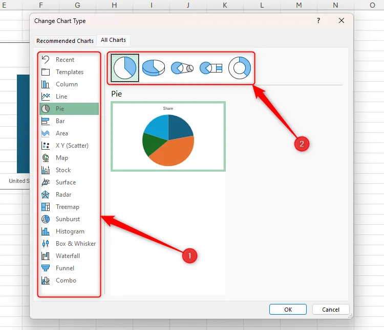 Hộp thoại Thay đổi Loại Biểu đồ trong Excel, hiển thị các tùy chọn để lựa chọn và tùy chỉnh kiểu biểu đồ