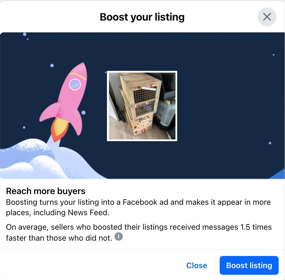Hộp thoại tùy chọn quảng bá tin rao trên Facebook Marketplace