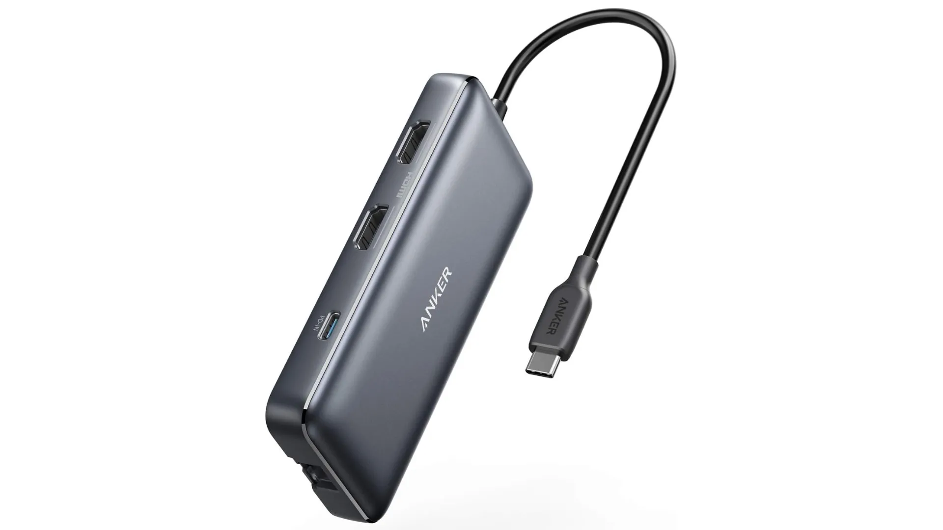 Hub USB-C đa năng Anker với nhiều cổng kết nối khác nhau như HDMI, USB-A, USB-C PD, Ethernet và khe đọc thẻ.