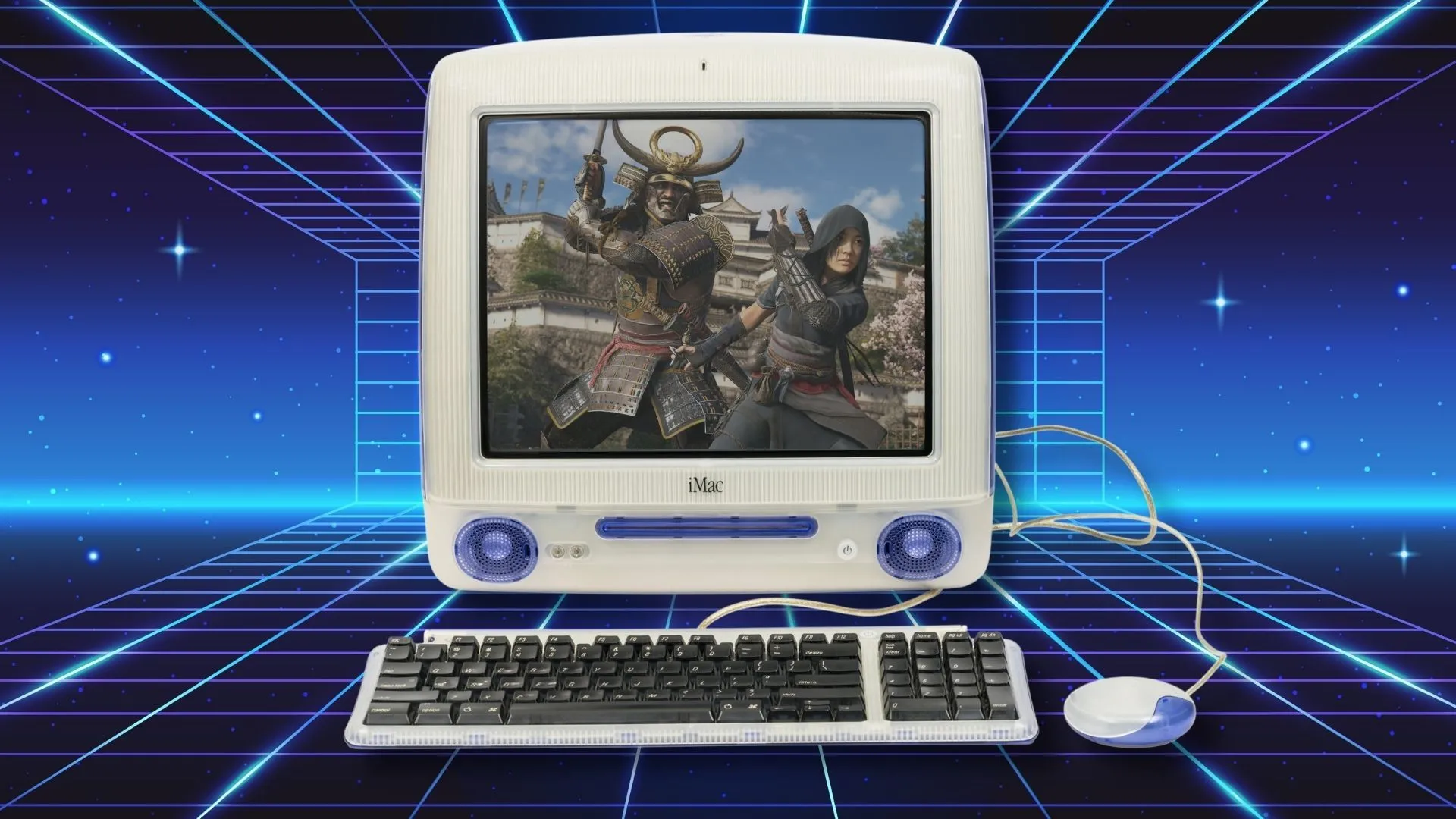 iMac cổ điển hiển thị trò chơi Assassin's Creed Shadows, tượng trưng cho sự phát triển của gaming trên Mac.