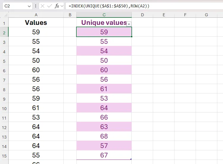 INDEX, UNIQUE và ROW được sử dụng để trả về các số duy nhất từ một phạm vi trong bảng Excel.