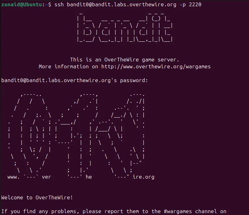 Kết nối đến máy chủ OverTheWire Bandit qua giao thức SSH trên terminal.
