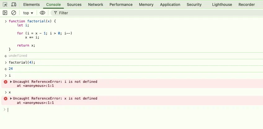 Kết quả khi cố gắng truy cập biến cục bộ 'x' và 'i' bên ngoài hàm factorial trong console JavaScript